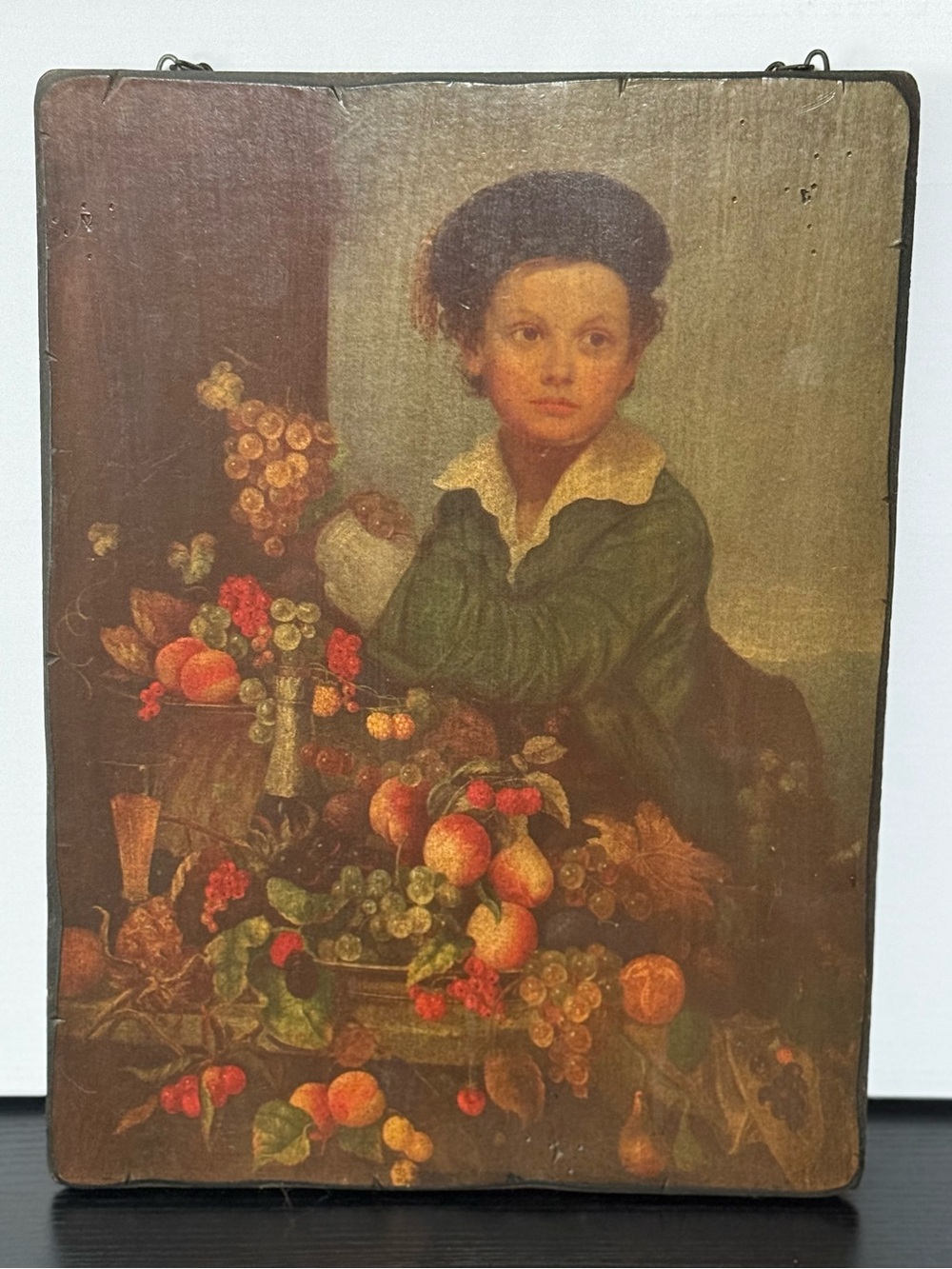 Vintage “Boy With Still Life” by Severin Roesen Print on Wooden Board with Chain